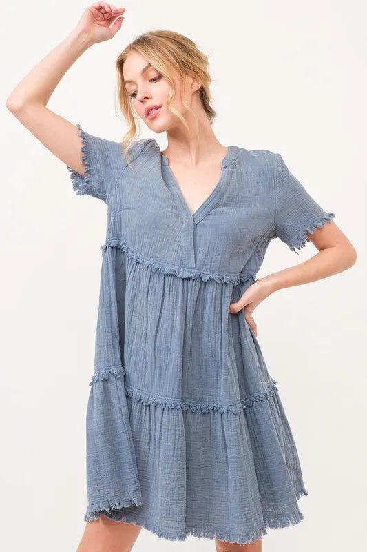 Hazel Blues® | And The Why Washed Frayed Detail Tiered Dress