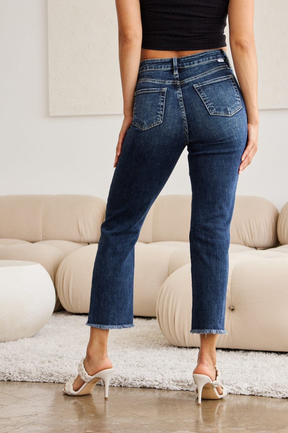 Hazel Blues® | RFM Crop Dylan Tummy Control Distressed High Waist Raw Hem Jeans