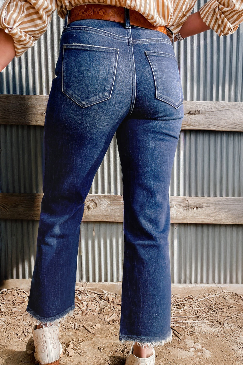 Hazel Blues® | Sail Blue Turquoise Pattern Raw Edge Cropped High Waist Jeans