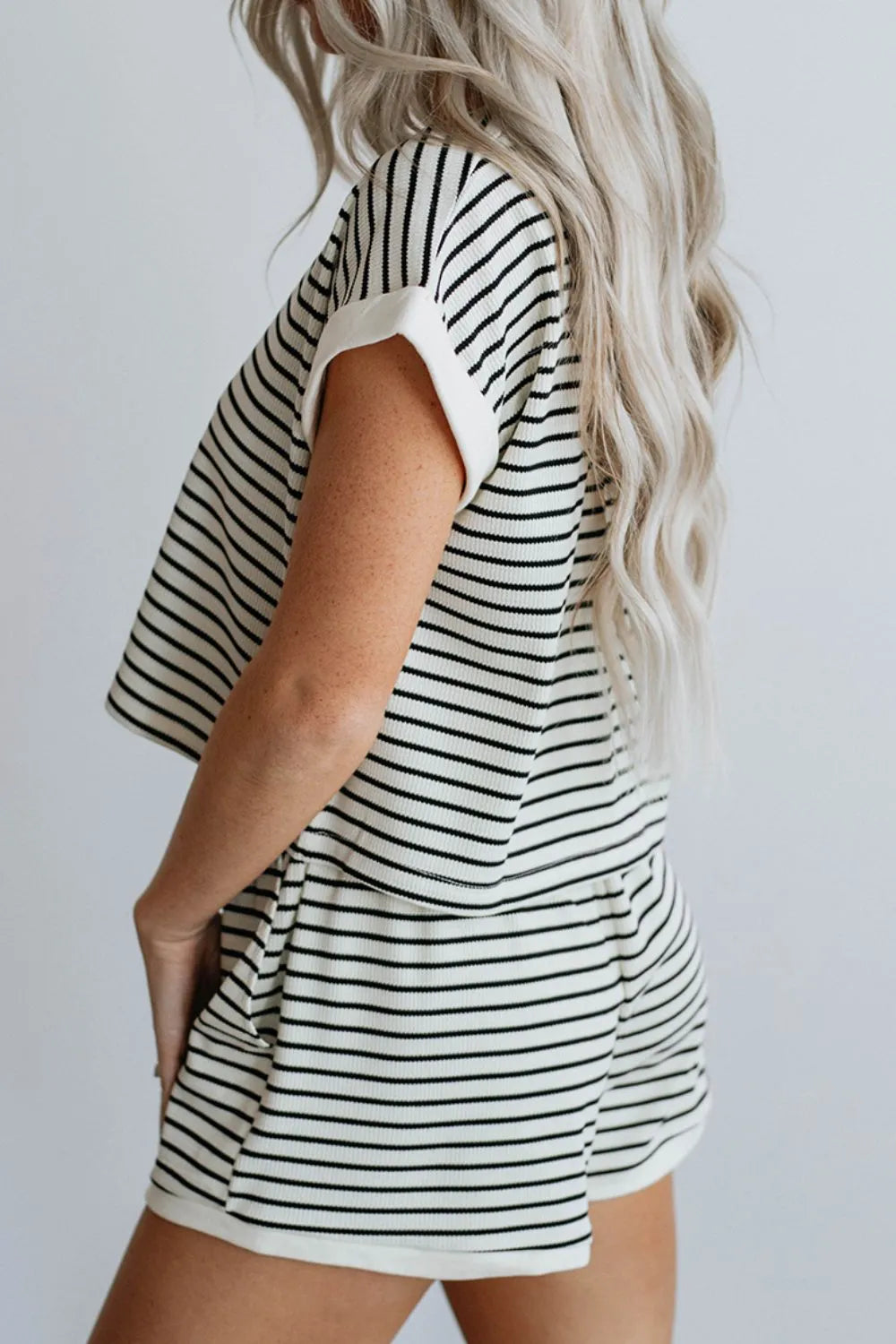 Hazel Blues® | Striped Contrast Top and Shorts Set