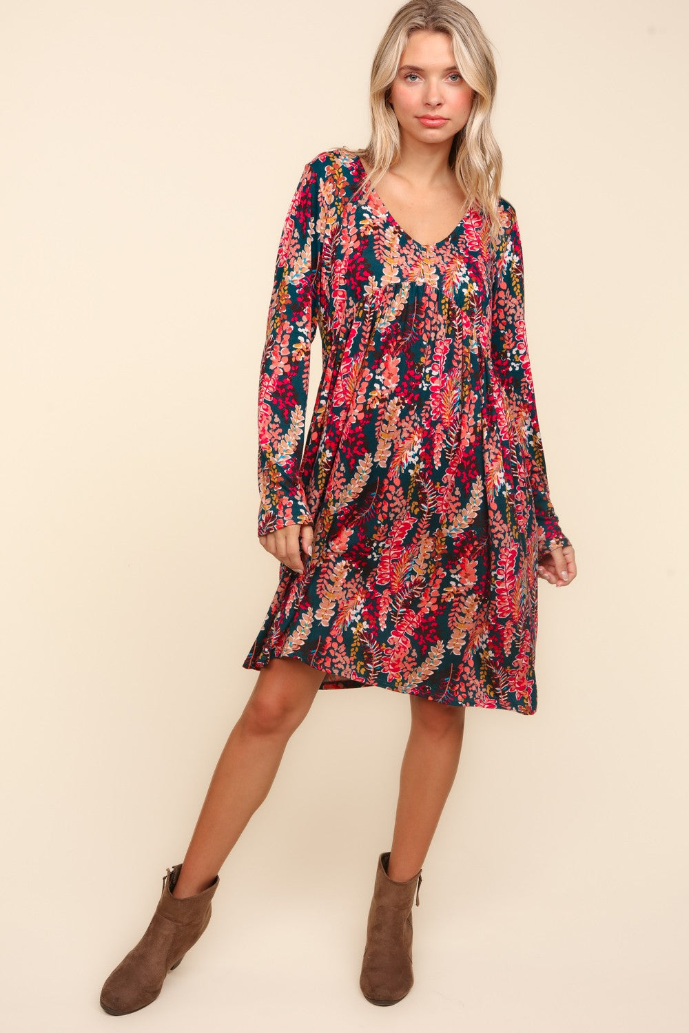 Hazel Blues® | Babydoll Floral Knee Length Dress with Pockets in Hunter Green Berry