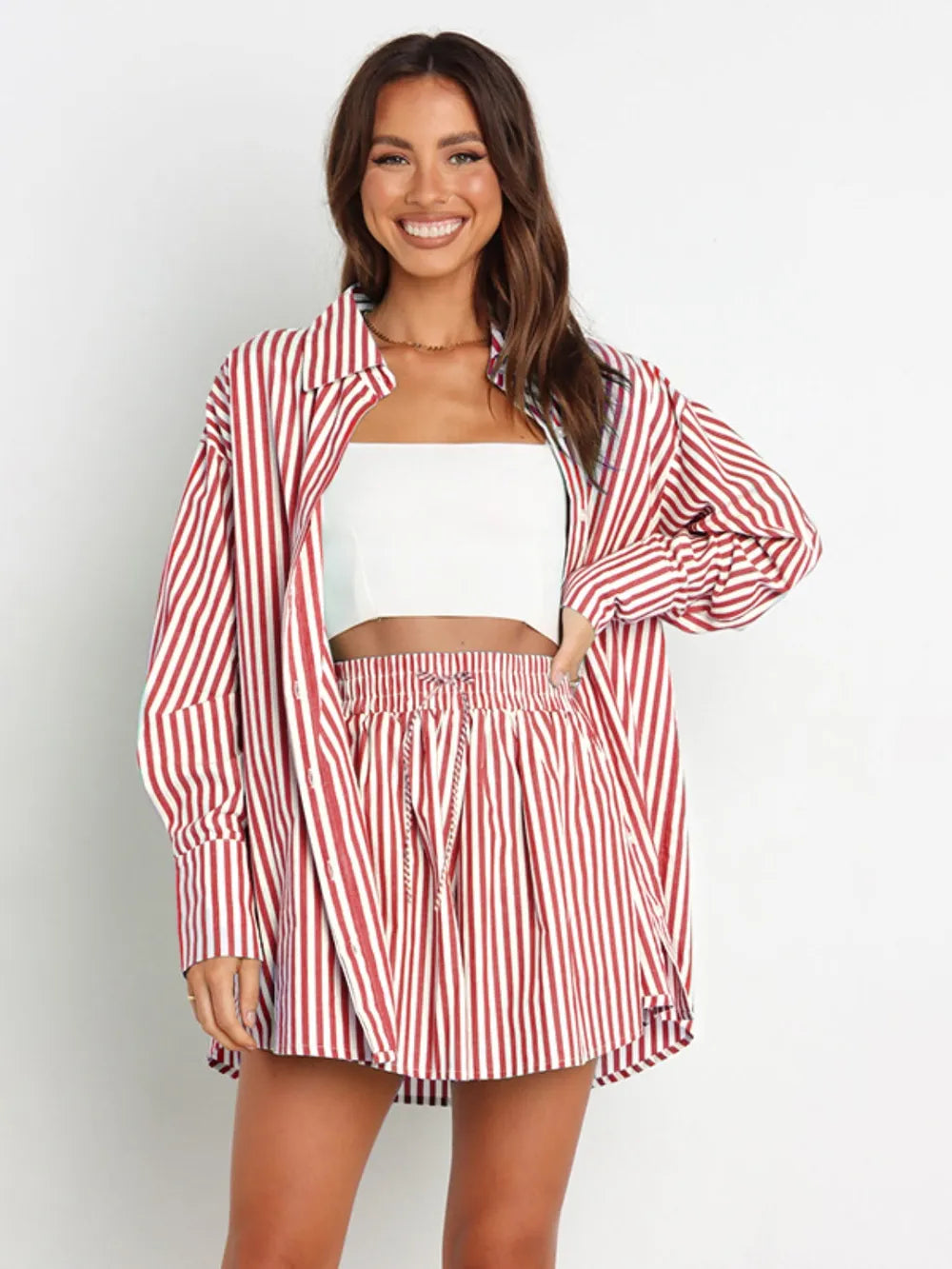 Hazel Blues® | Striped Dropped Shoulder Shirt and Shorts Set
