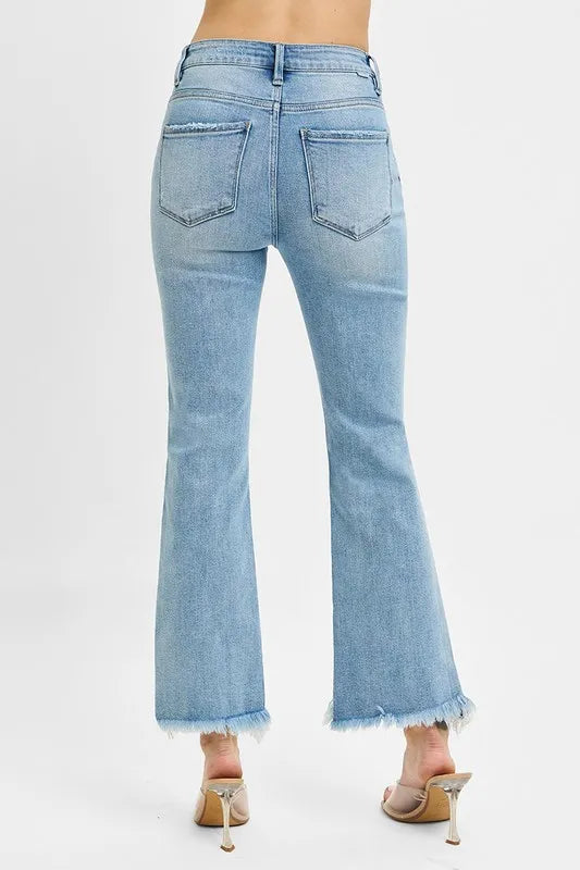 Hazel Blues® | RISEN High Rise Crop Bootcut Fray Hem Jeans