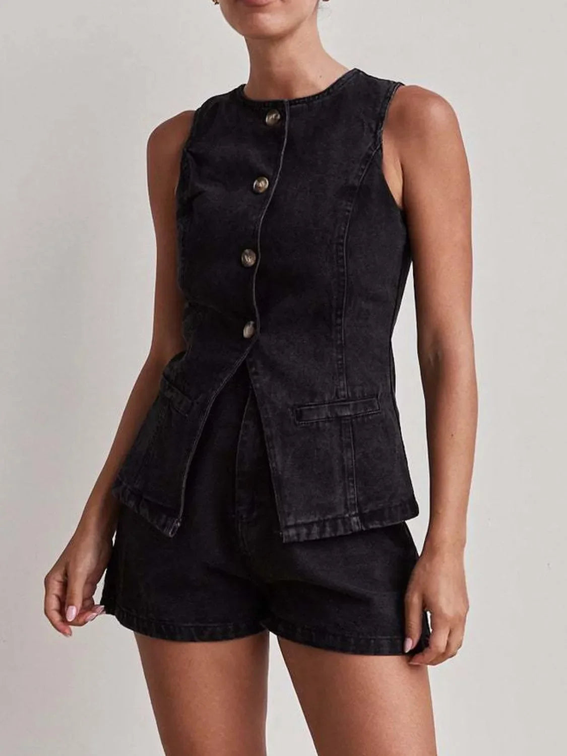 Hazel Blues® | Button Down Vest and Shorts Denim Set
