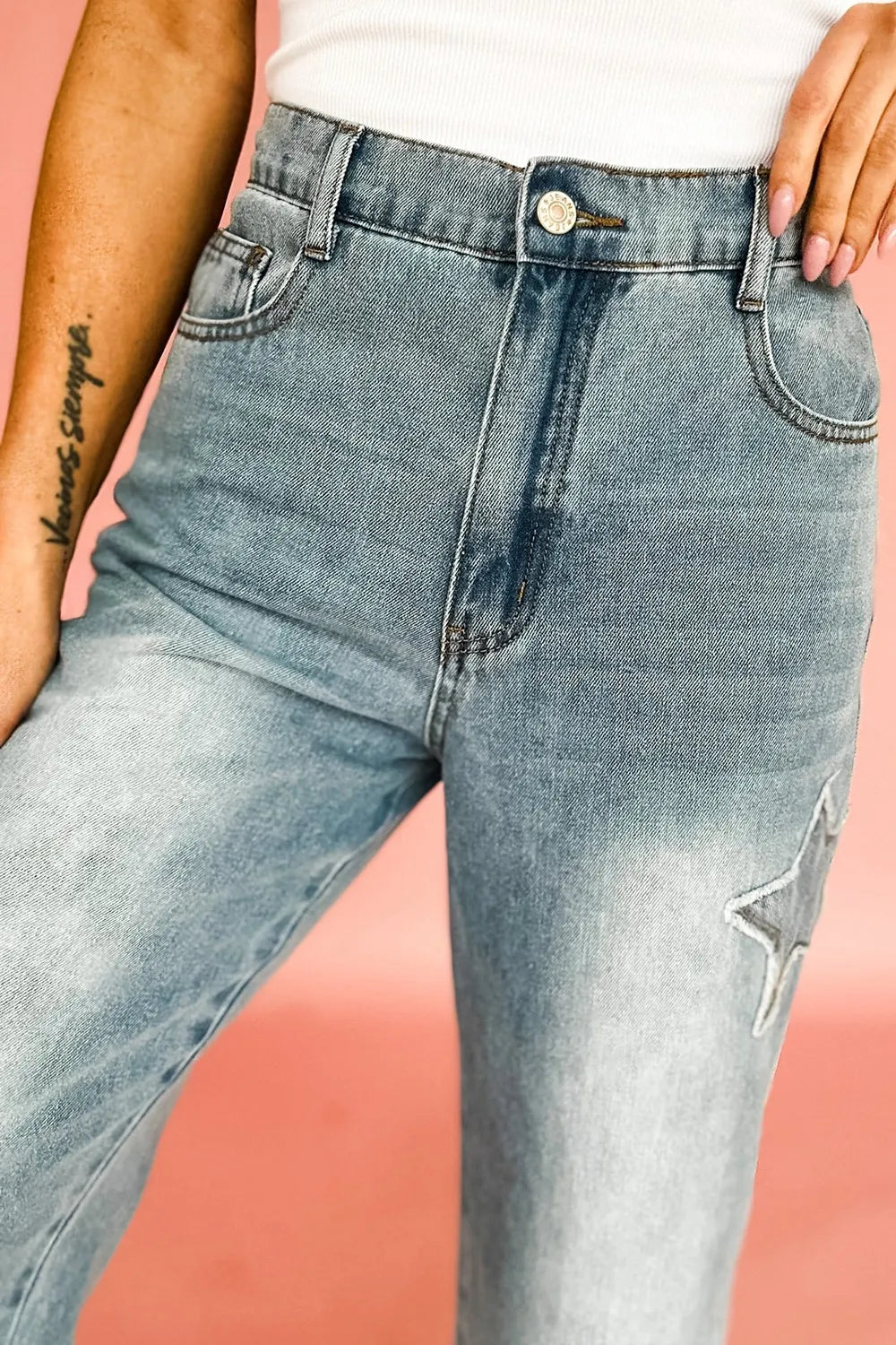 Hazel Blues® | Star Embroidered High Waist Wide Leg Jeans
