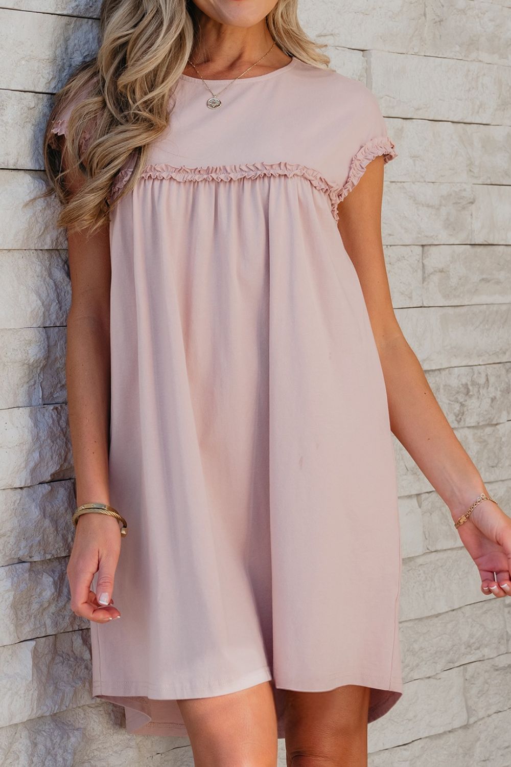 Hazel Blues® | Frilled Trim Crew Neck Cap Sleeve Loose Fit Mini Dress