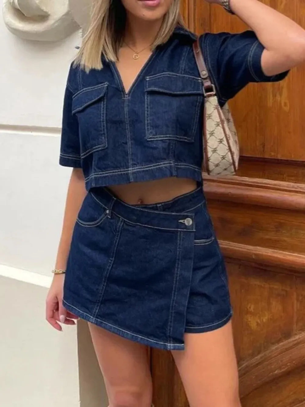 Hazel Blues® | Johnny Collar Short Sleeve Top and Skort Denim Set
