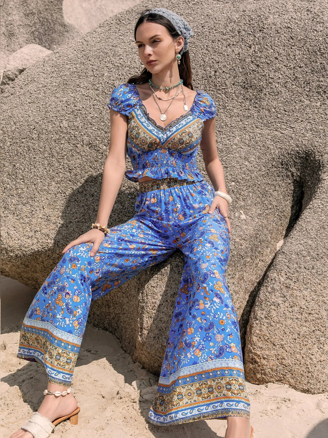 Hazel Blues® | Printed V-Neck Top and Pants Set