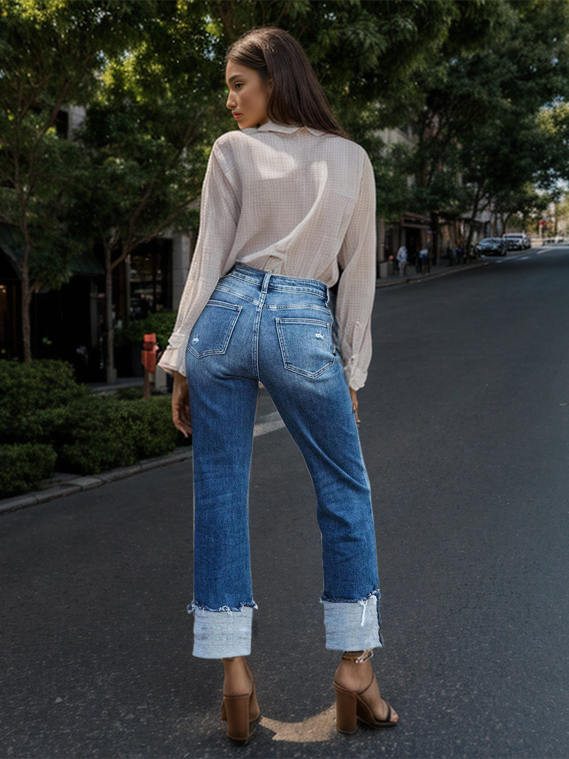 Hazel Blues® | Stepped Waist Raw Hem Rolled Straight Jeans