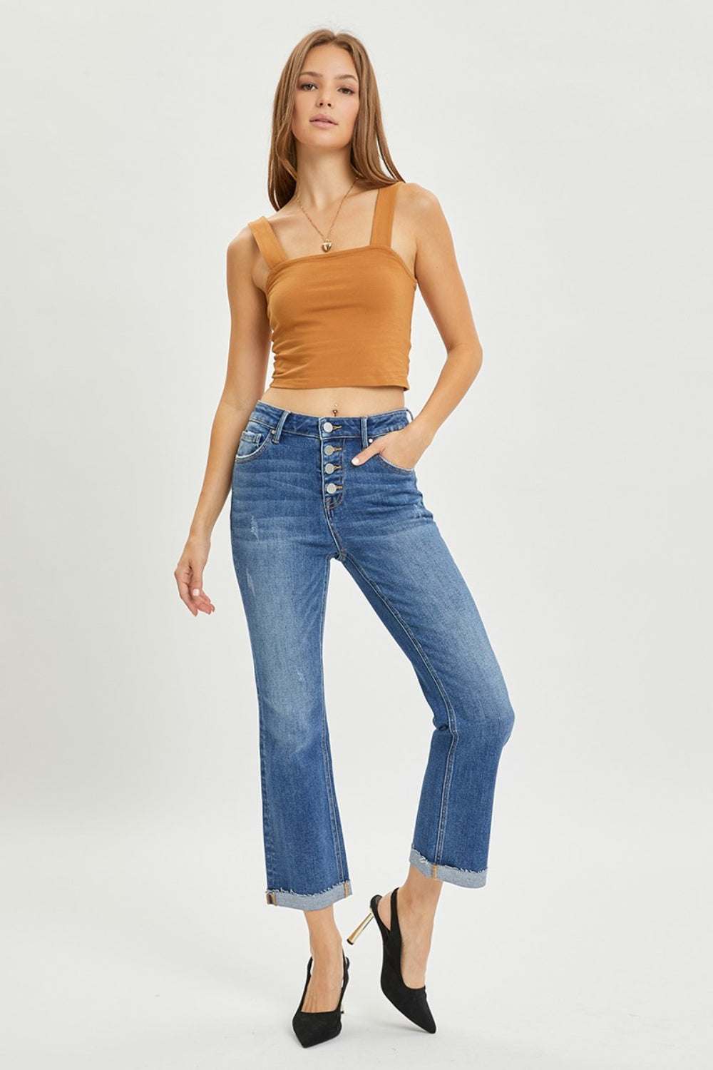 Hazel Blues® | RISEN Button Fly Cropped Bootcut Jeans