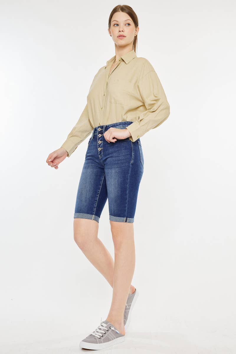 Hazel Blues® | Kan Can High Rise Fly Button Bermuda Shorts: Medium Wash
