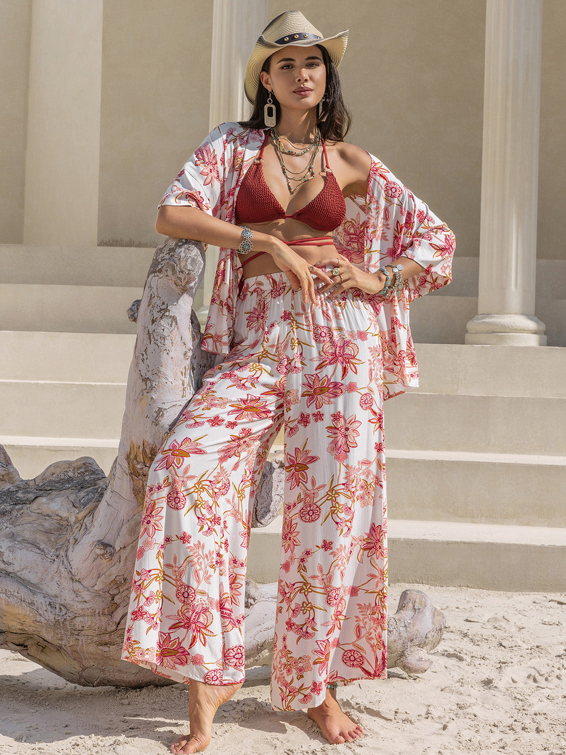 Hazel Blues® | Printed Open Front Half Sleeve Top and Pants Set