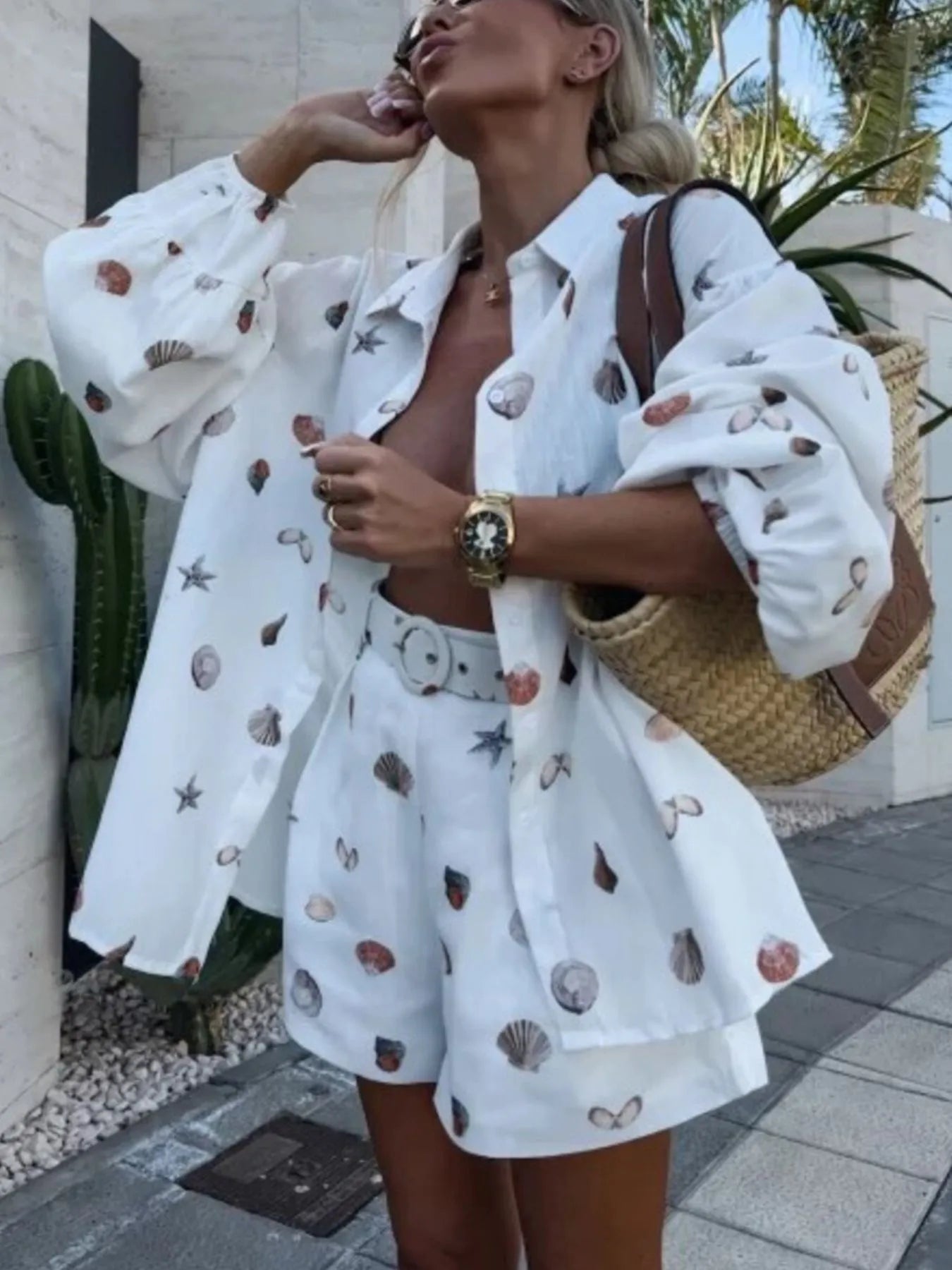 Hazel Blues® | Shell Print Long Sleeve Shirt and Belt Shorts Set