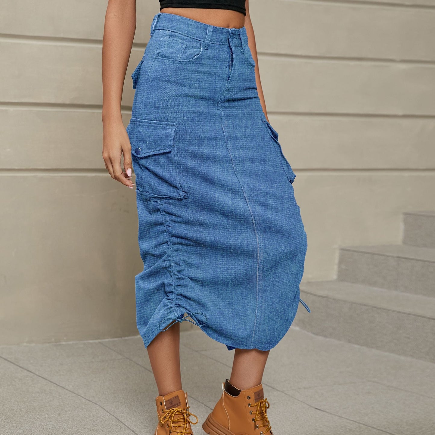 Hazel Blues® | Drawstring Ruched Slit Denim Midi Skirt