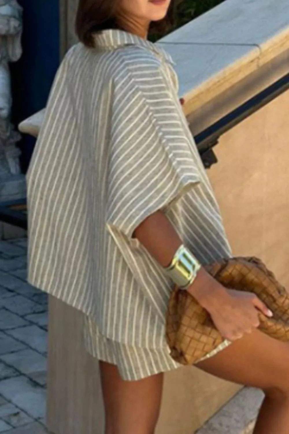 Hazel Blues® | Striped Linen Shirt and Shorts Two-Piece Summer Set