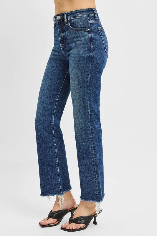Hazel Blues® | RISEN Tummy Control High Rise Crop Straight Raw Cut Hem Jeans