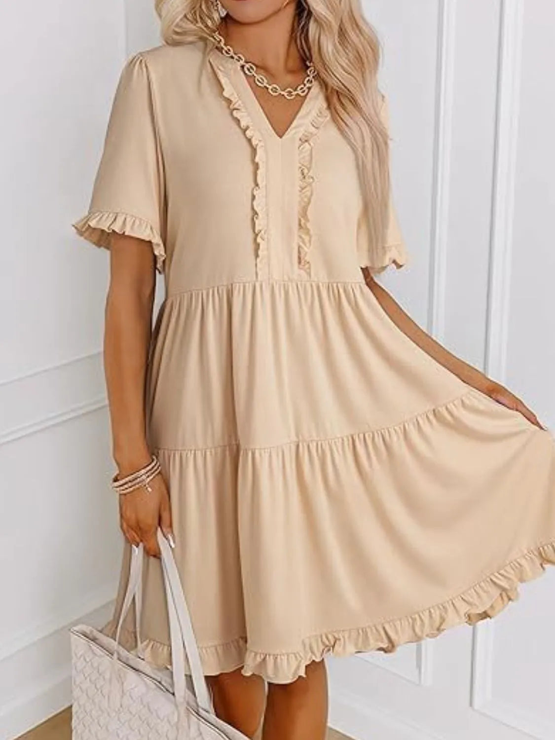 Hazel Blues® | Tiered Notched Short Sleeve Mini Dress