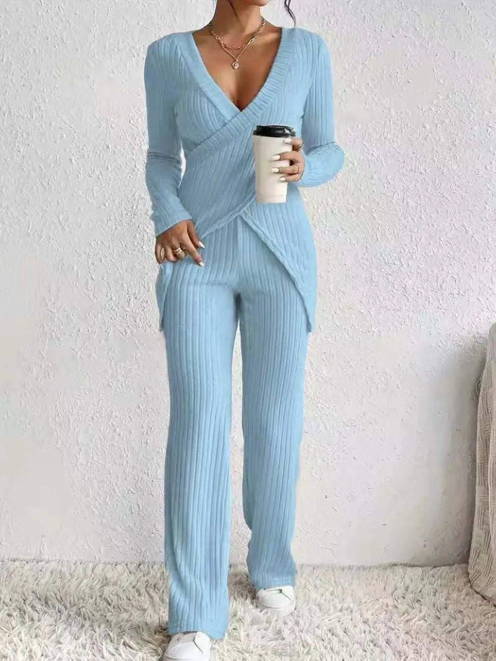 Hazel Blues® | Surplice Long Sleeve Top and Pants Set