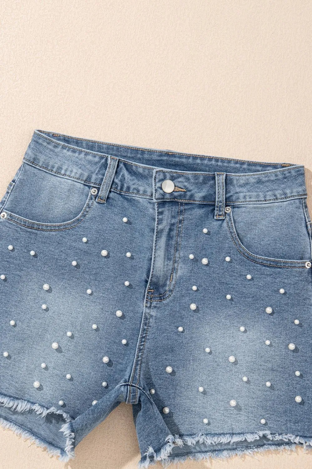 Hazel Blues® | Pearl Beaded Raw Hem Wash Denim Shorts