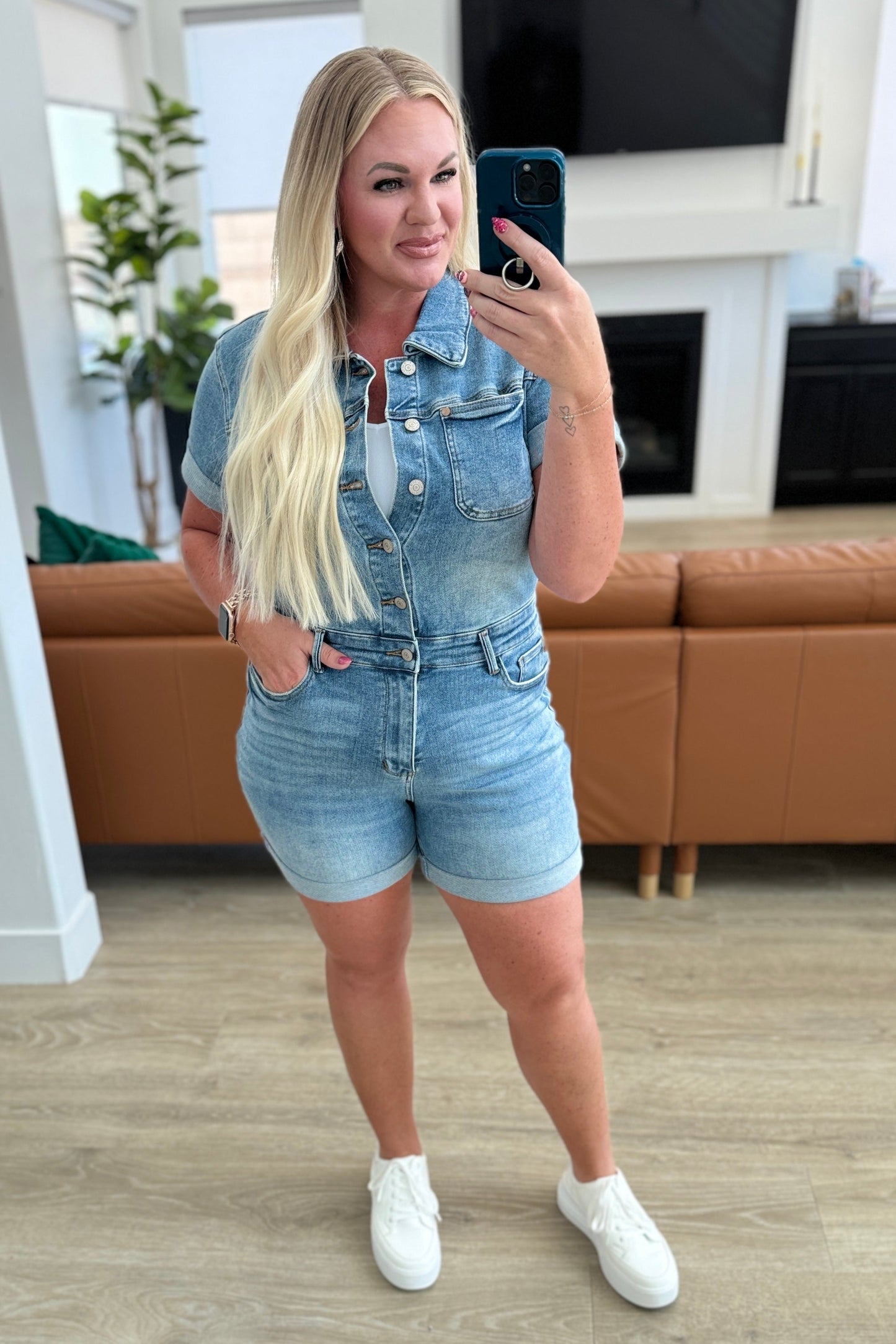 Hazel Blues® | Delia High Rise Short Sleeve Romper