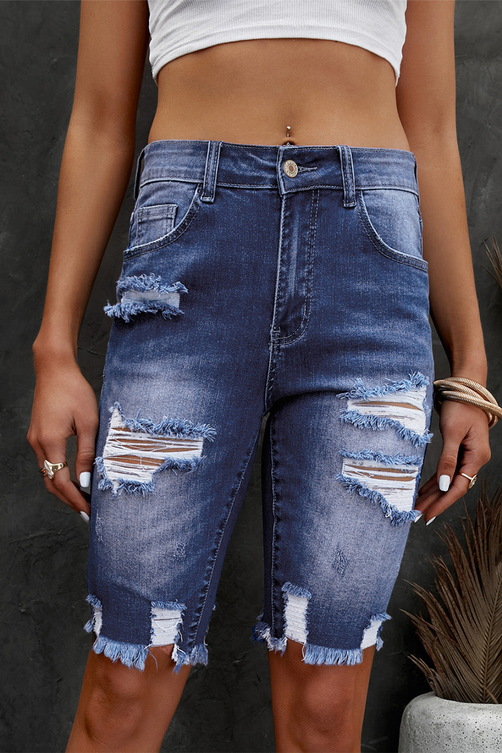Hazel Blues® | Distressed Frayed Hem Denim Bermuda Shorts