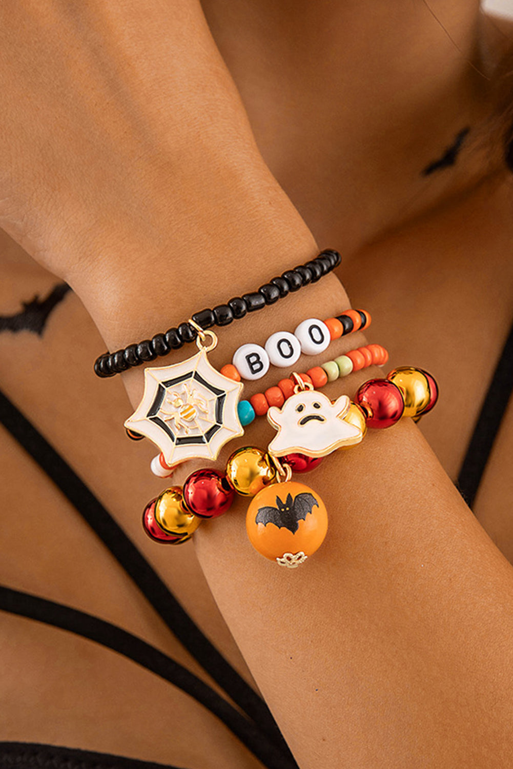 Hazel Blues® | Orange 4pcs Halloween Ghost Spider Web Beaded Bracelet Set