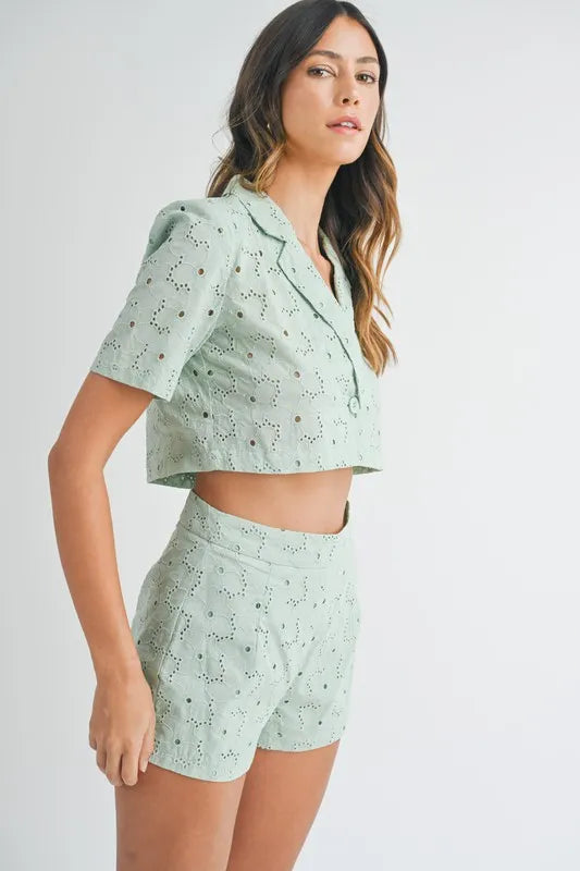Hazel Blues® | MABLE Eyelet Short Sleeve Crop Top and Shorts Set