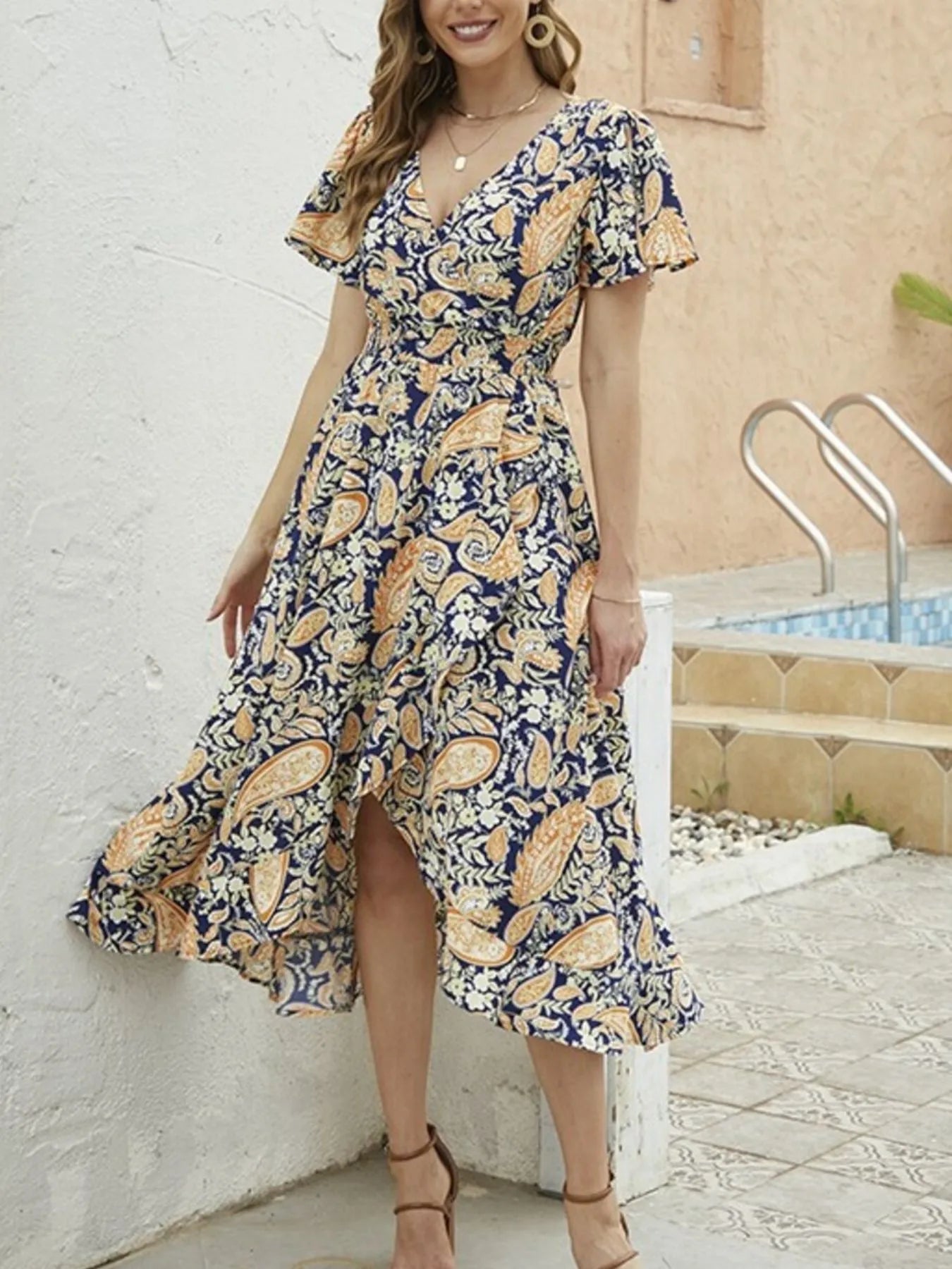 Hazel Blues® | Floral Print Short Sleeve Wrap Midi Dress