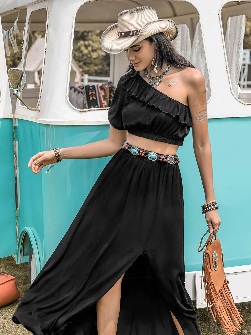 Hazel Blues® | Ruffled Single Shoulder Top and Slit Skirt Set