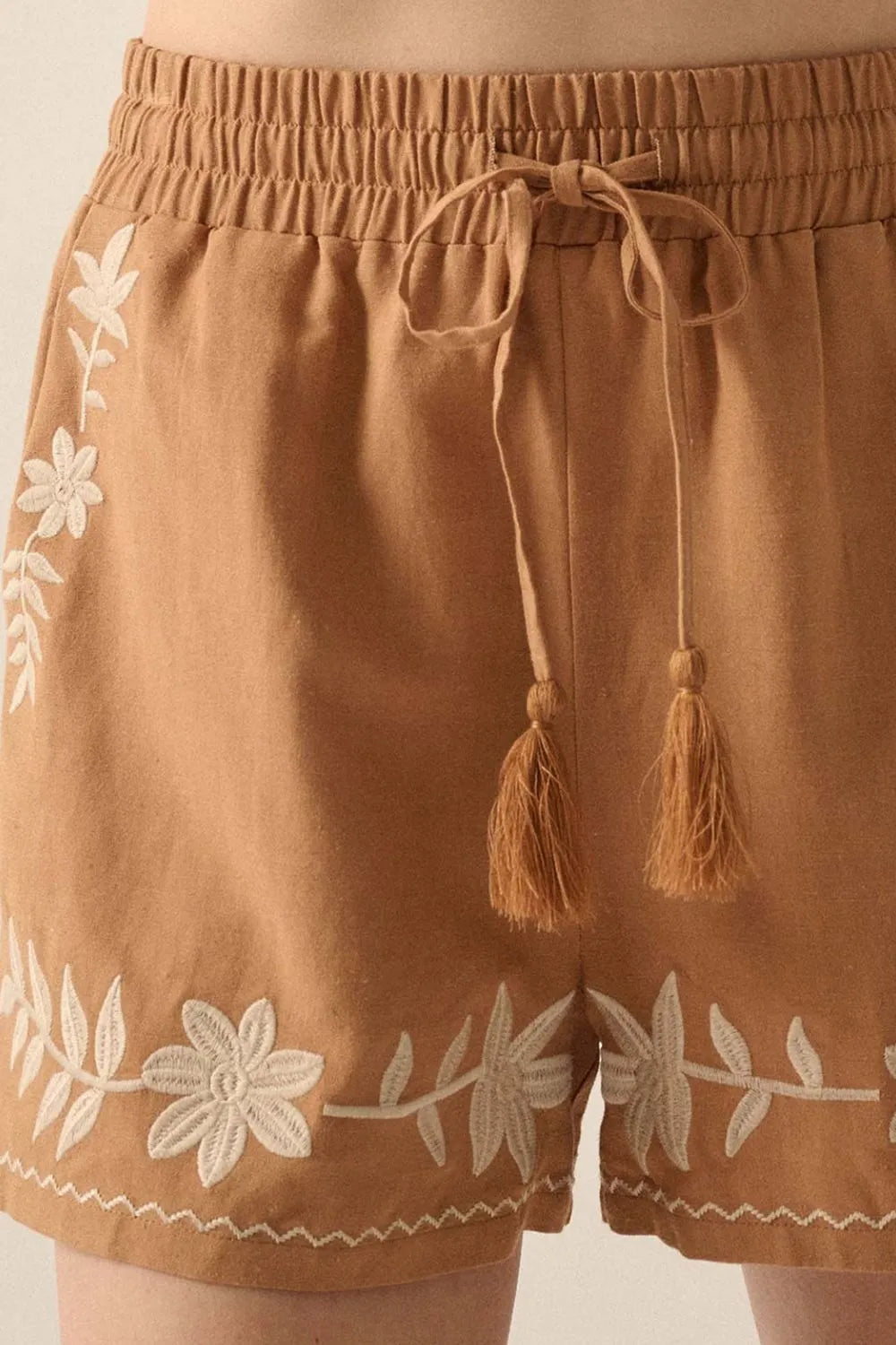 Hazel Blues® | Embroidered Boho Tasseled Drawstring Elastic Waist Casual Shorts