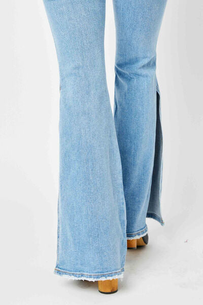 Hazel Blues® | Judy Blue Mid Rise Raw Hem Slit Flare Jeans