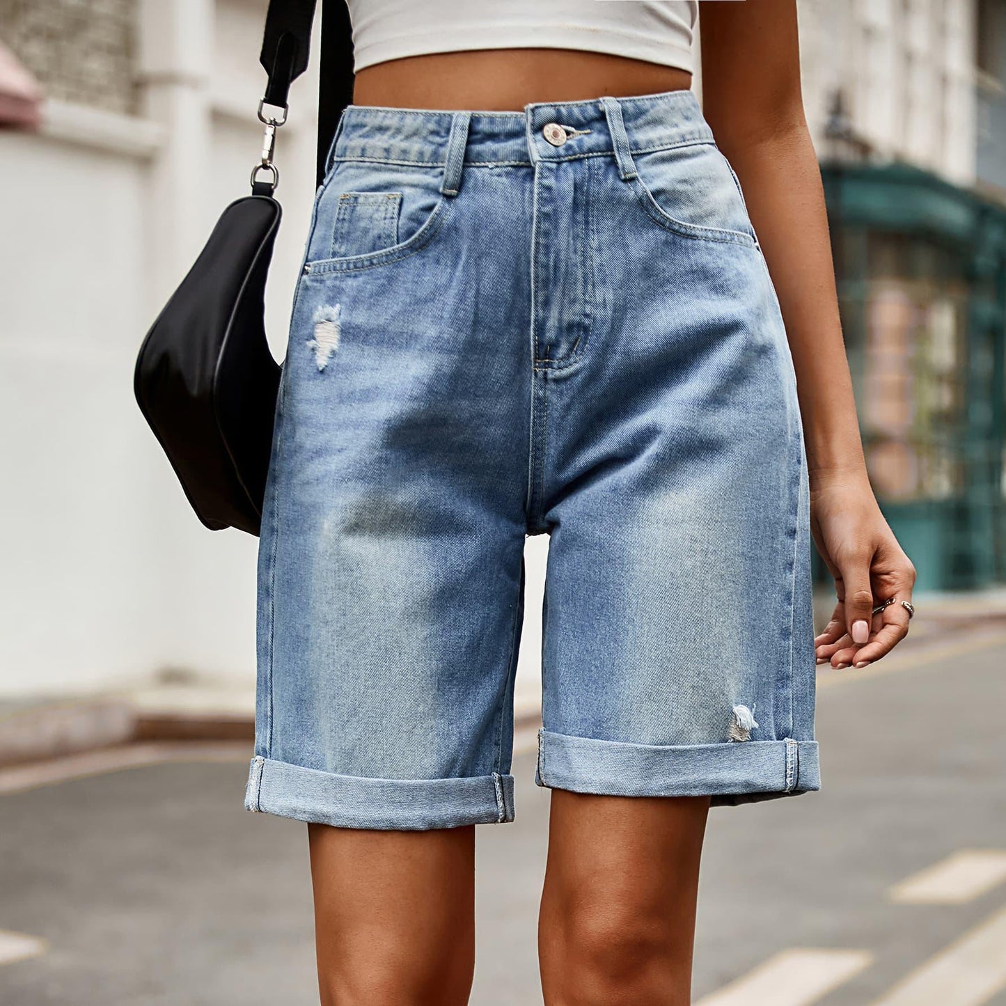 Hazel Blues® | Distressed Buttoned Denim Shorts with Pockets