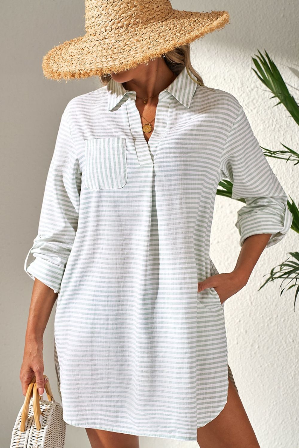 Hazel Blues® | Striped Johnny Collar Long Sleeve Mini Shirt Dress