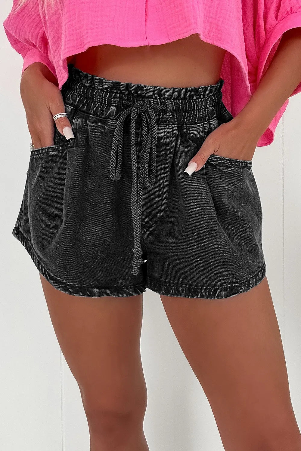 Hazel Blues® | Drawstring High Waist Denim Shorts with Pockets