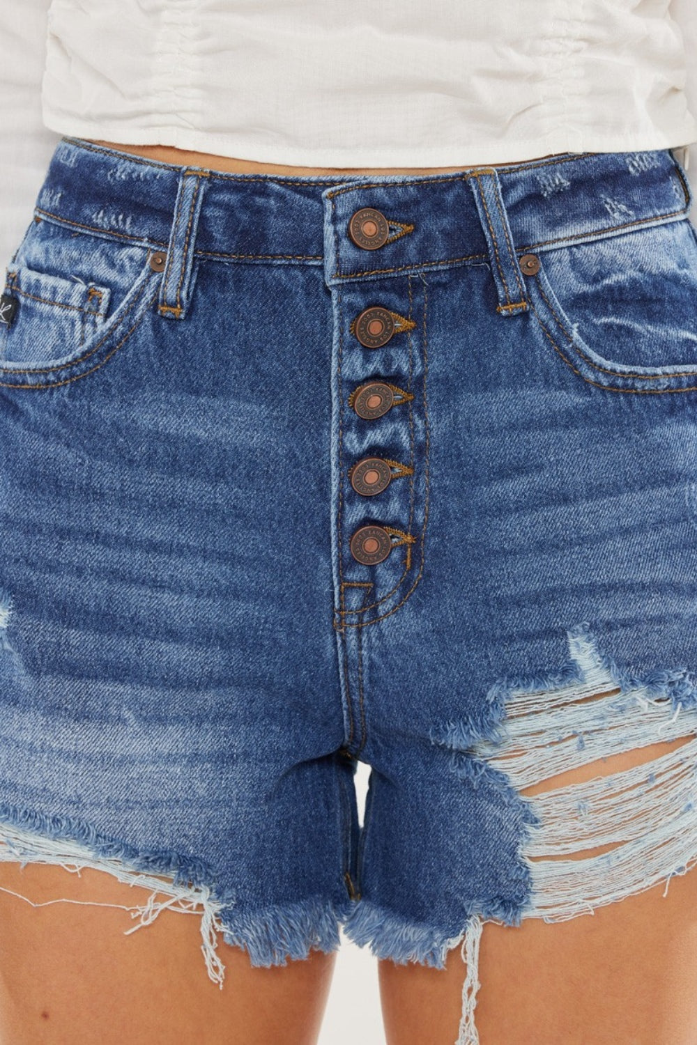 Hazel Blues® | Kancan Distressed Button-Fly High Waist Denim Shorts
