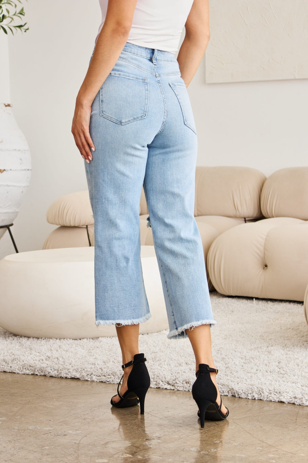 Hazel Blues® | RFM Tummy Control High Waist Raw Hem Distressed Jeans