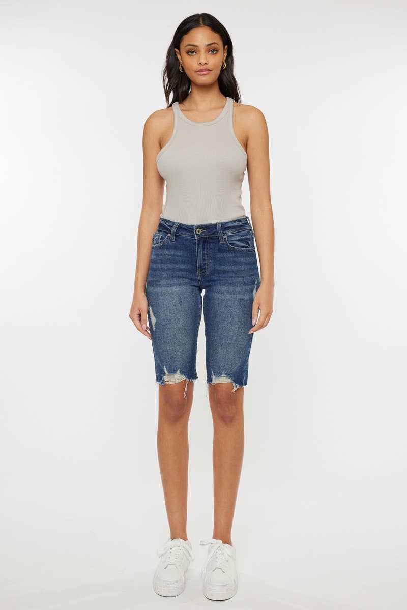 Hazel Blues® | Kan Can Mid Rise Dark Wash Bermuda Shorts
