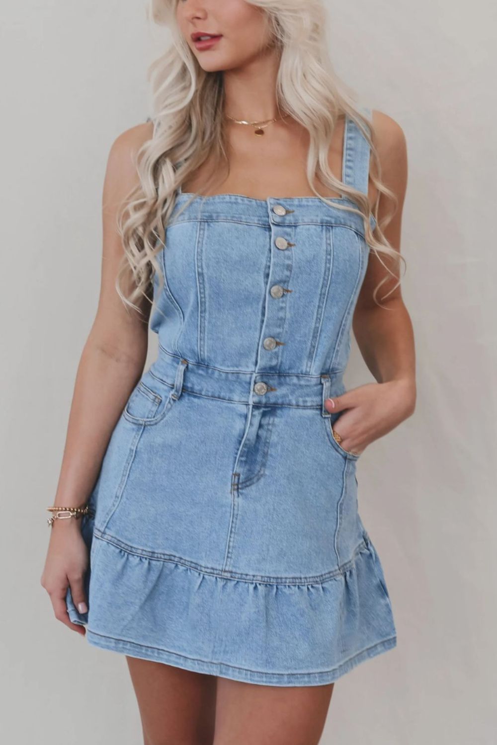 Hazel Blues® | Ruffled Hem Button Front Square Neck Denim Dress