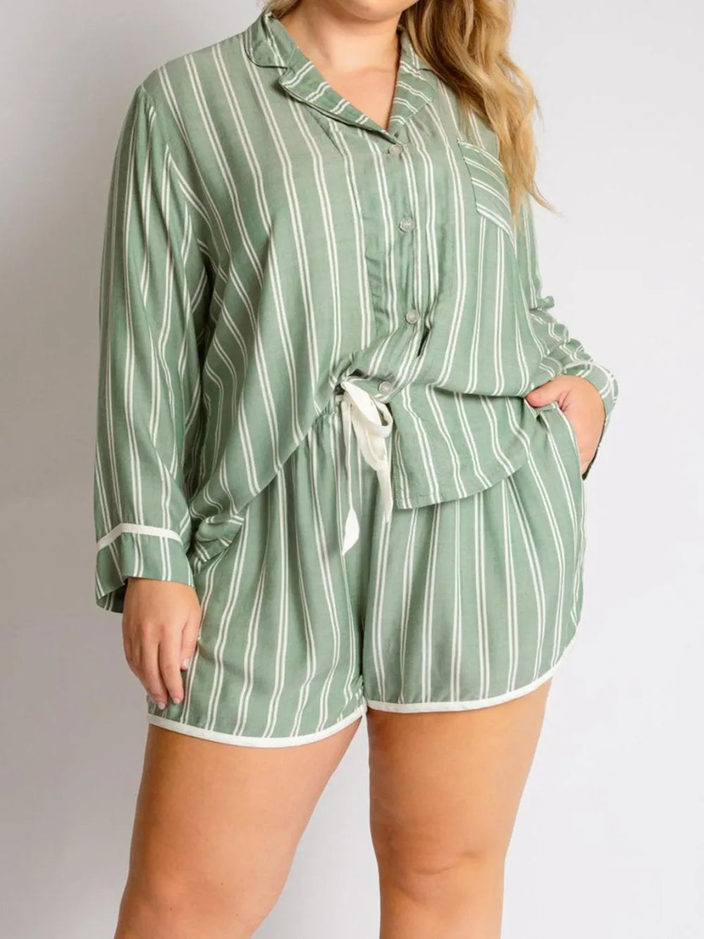 Hazel Blues® | Striped Collared Neck Long Sleeve Top and Shorts Lounge Set