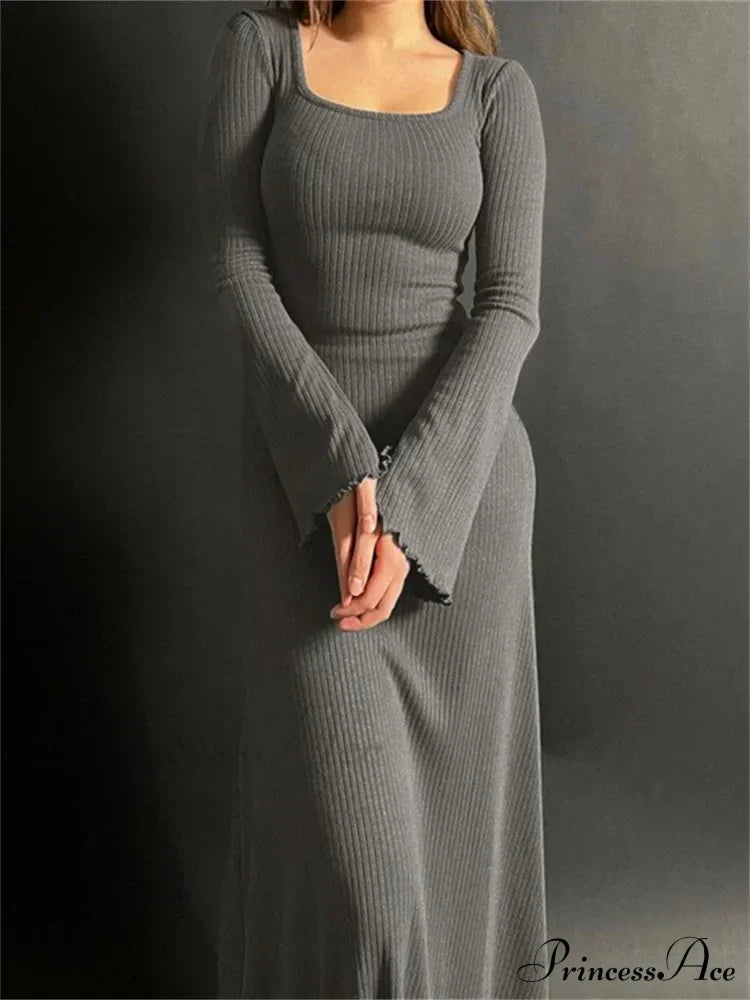 Elegant Women Ribbed Sleeve Square Neck Solid Slim Fit Fall Party Vestido Streetwear