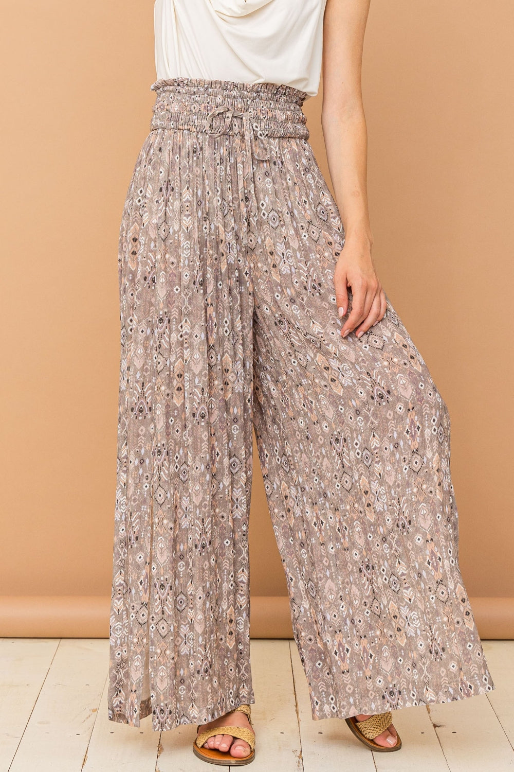 Hazel Blues® | And The Why Printed Smocked Waist Slit Wide Leg Pants
