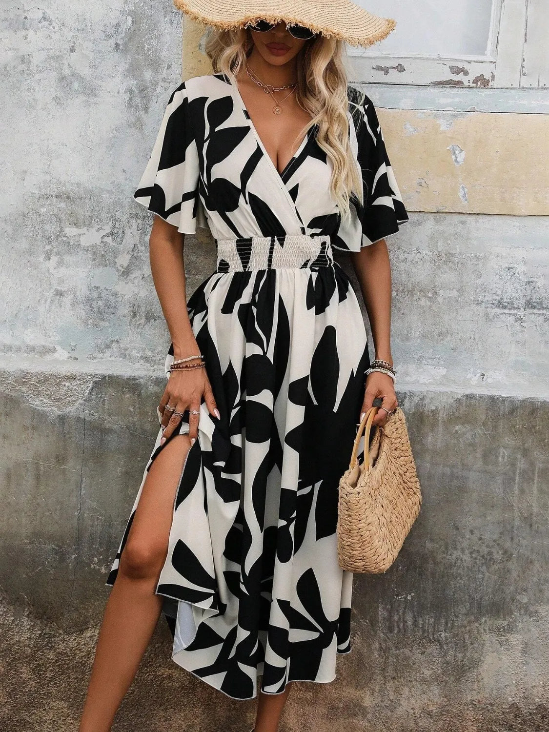 Hazel Blues® | Printed Surplice Short Sleeve Midi Dress