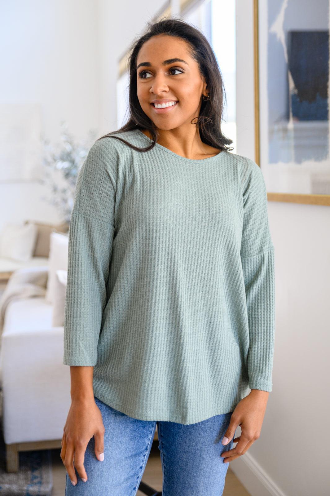 Hazel Blues® | Austin Waffle Knit Basic Top In Sage