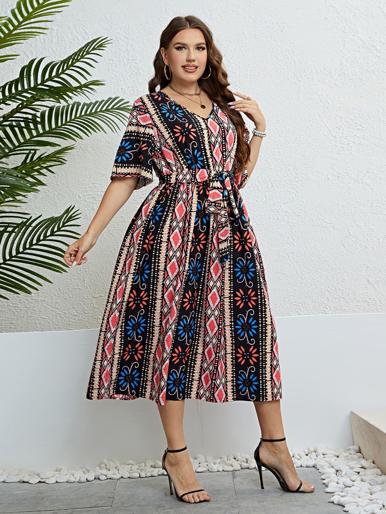 Hazel Blues® | Bohemian V-Neck Tie Belt Midi Dress
