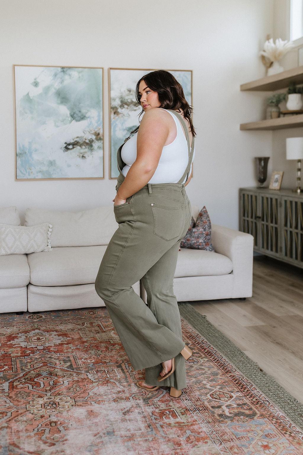 Hazel Blues® | Olivia Control Top Release Hem Overalls in Olive
