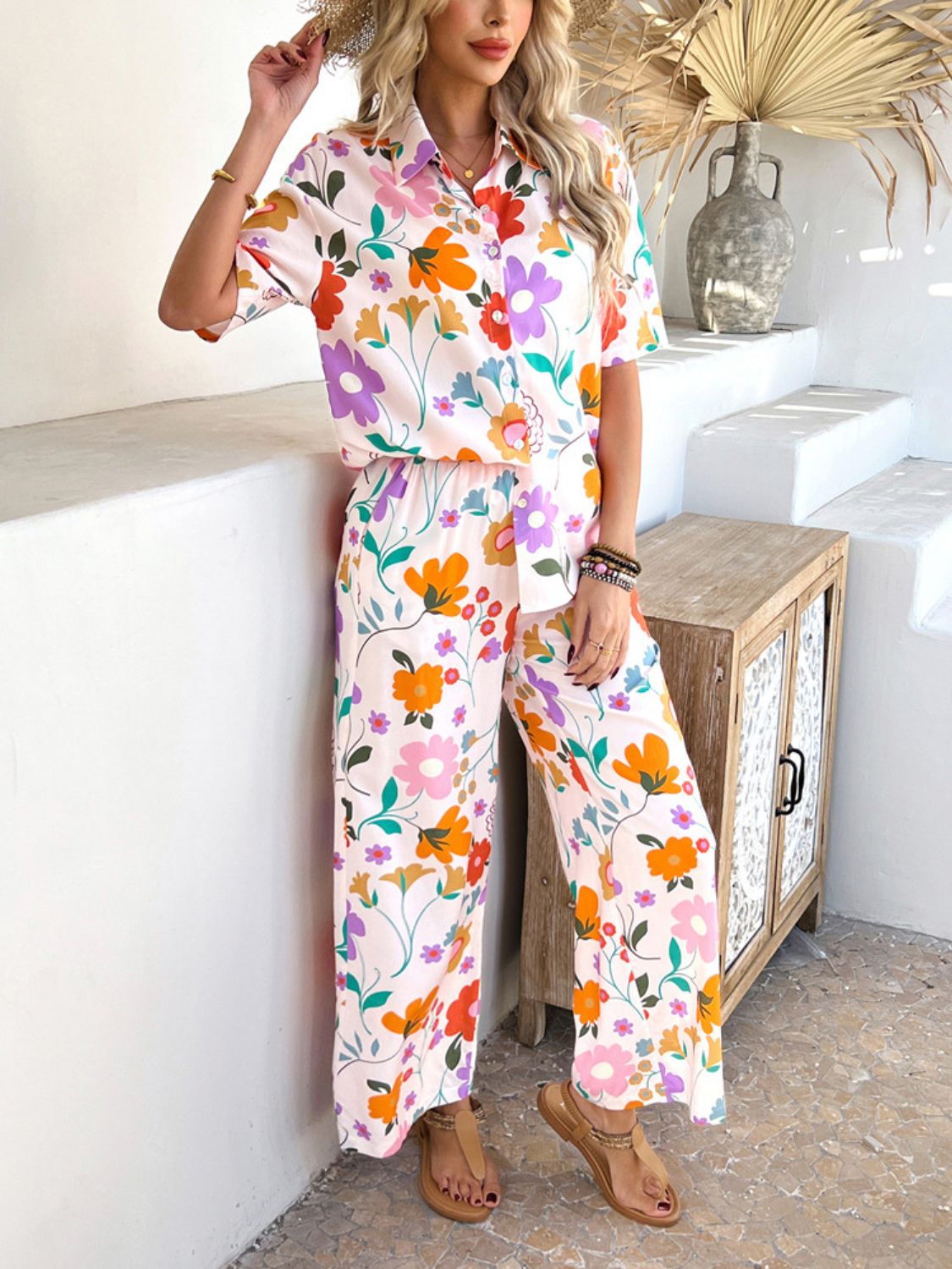 Hazel Blues® |  Devine Printed Button Down Shirt and Pants Set