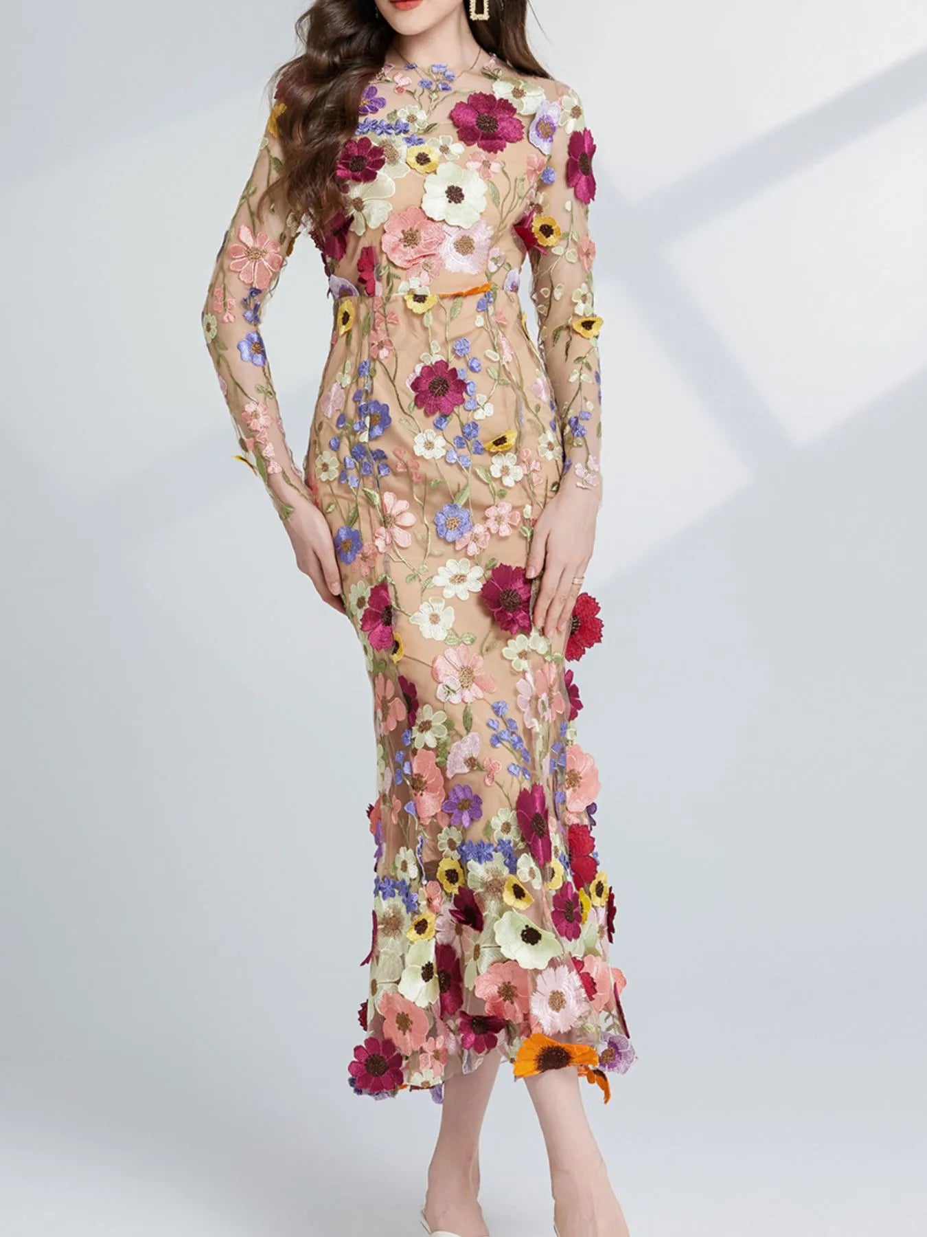 Hazel Blues® |  Floral Embroidered Mesh Long Sleeve Midi Dress