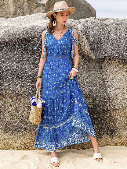 Hazel Blues® |  Printed V-Neck Tie Shoulder Dress