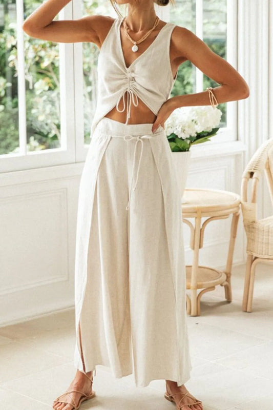 Hazel Blues® |  Drawstring V-Neck Tank and Pants Set
