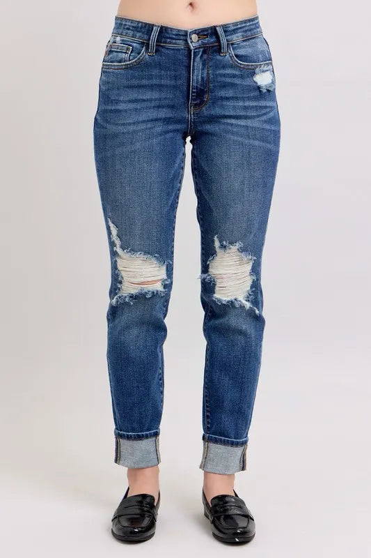 Hazel Blues® | Judy Blue Mid Rise Boyfriend destroy Jeans with Yoke Pockets and Faux Selvedge Cuff